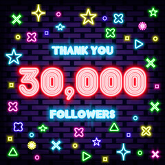 30000 Followers Thank you Neon Sign Vector. Glowing with colorful neon light. Announcement neon signboard. Bright colored vector. Vector Illustration
