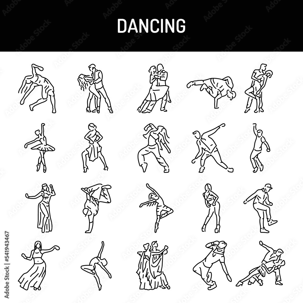Poster dancing color line icons set. pictograms for web page