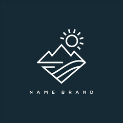 A line art icon logo of a mountain sea or lake with a sun