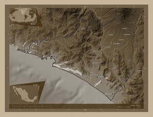 Colima, Mexico. Sepia. Labelled points of cities