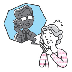 電話詐欺に騙されるシニア女性のイラスト