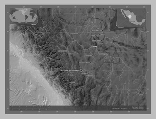 Durango, Mexico. Grayscale. Labelled points of cities
