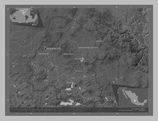 Guanajuato, Mexico. Grayscale. Labelled points of cities