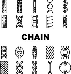 chain metal link icons set vector. link design, golden white, gold abstract, necklace steel, border jewelry chain metal link black contour illustrations