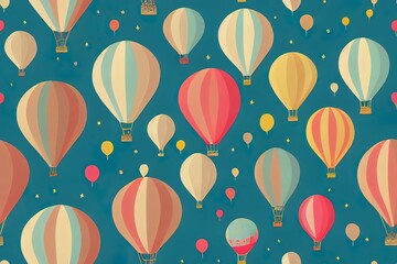 Wallpaper with Hot Air Balloons. Seamless wall paper for baby room. Pattern with clouds, rainbow and mountains for childish design. Blue and beige pastel colors