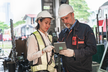 Two engineer man and woman use Tablet computer checking spares at factory spares train	