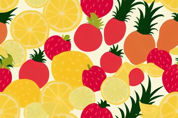 Cute fruit mix seamless pattern. Seamless background with various tropical fruits. Seamless pattern of fruits. Pineapple orange cherry banana lemon pomegranate plum kiwi strawberry lemon