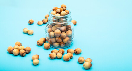 Fototapeta na wymiar Hazelnut in a jar. Lots of hazelnuts. Bank with nuts on a blue background.