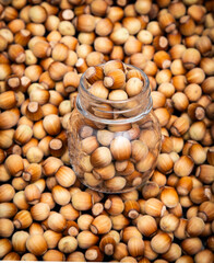 Hazelnut in a jar. Lots of hazelnuts. Bank with nuts on a black background.