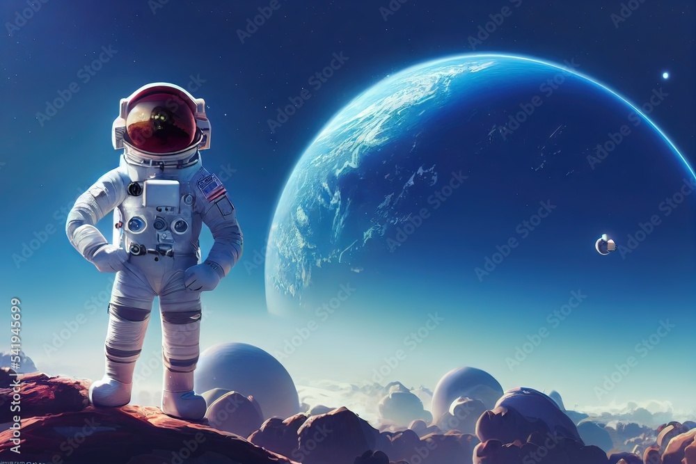 Wall mural 3d rendered computer generated image of an astronaut. modern animation look in space with the earth 