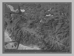 Michoacan, Mexico. Grayscale. Labelled points of cities
