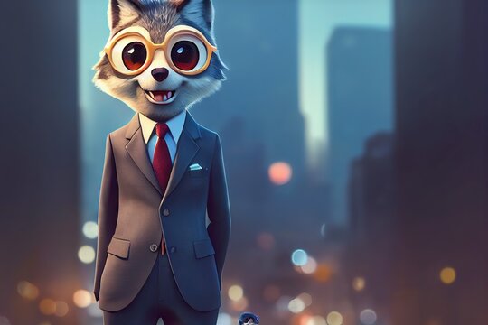 3D rendered computer generated image of a cartoon animated wolf on Wall Street. Wolf wearing expensive custom fit tailored suit acting as an investment broker for penny stocks and high-risk tools