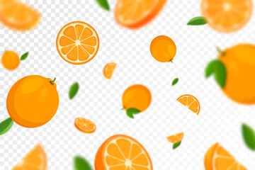 Fototapeta na wymiar Orange citrus background. Flying orange with green leaf on transparent background. Orange falling from different angles. Focused and blurry objects. Flat cartoon vector.