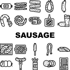 sausage meat pork icons set vector. beef grill, food bratwurst, barbecue bbq, meal german, cooked fat, hot traditional sausage meat pork black contour illustrations