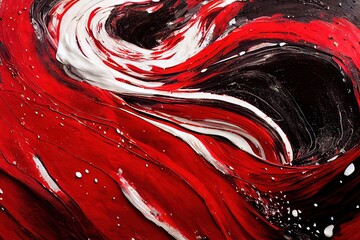 3D rendered computer generated abstract image of red, white, and black oil paint splatters. Chaotic and messy, colorful, bright, and vibrant wallpaper background