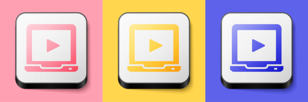 Isometric Online play video icon isolated on pink, yellow and blue background. Laptop and film strip with play sign. Square button. Vector