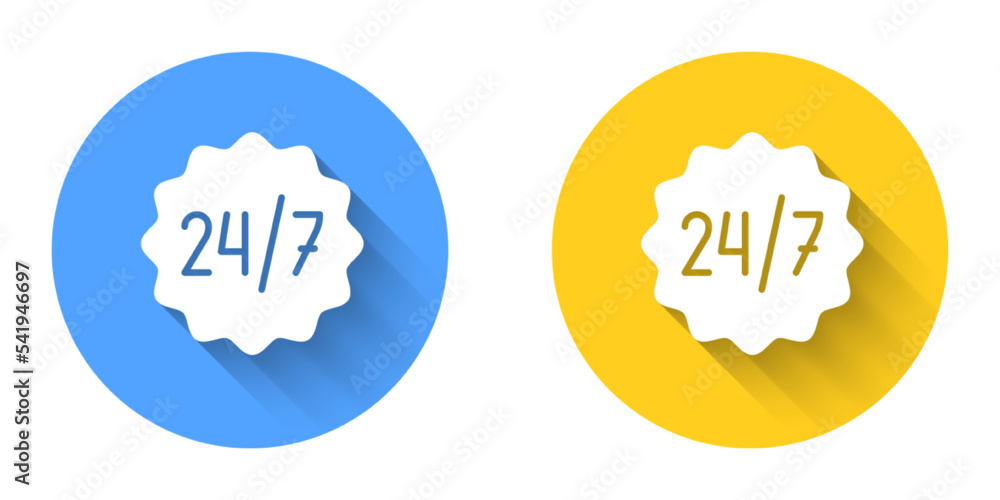 Poster white clock 24 hours icon isolated with long shadow background. all day cyclic icon. 24 hours servic