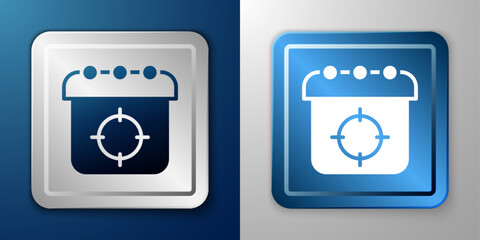 White Target sport icon isolated on blue and grey background. Clean target with numbers for shooting range or shooting. Silver and blue square button. Vector