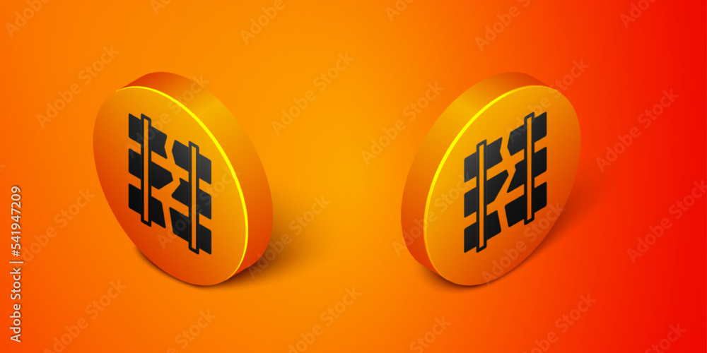 Poster isometric broken or cracked rails on a railway icon isolated on orange background. orange circle but