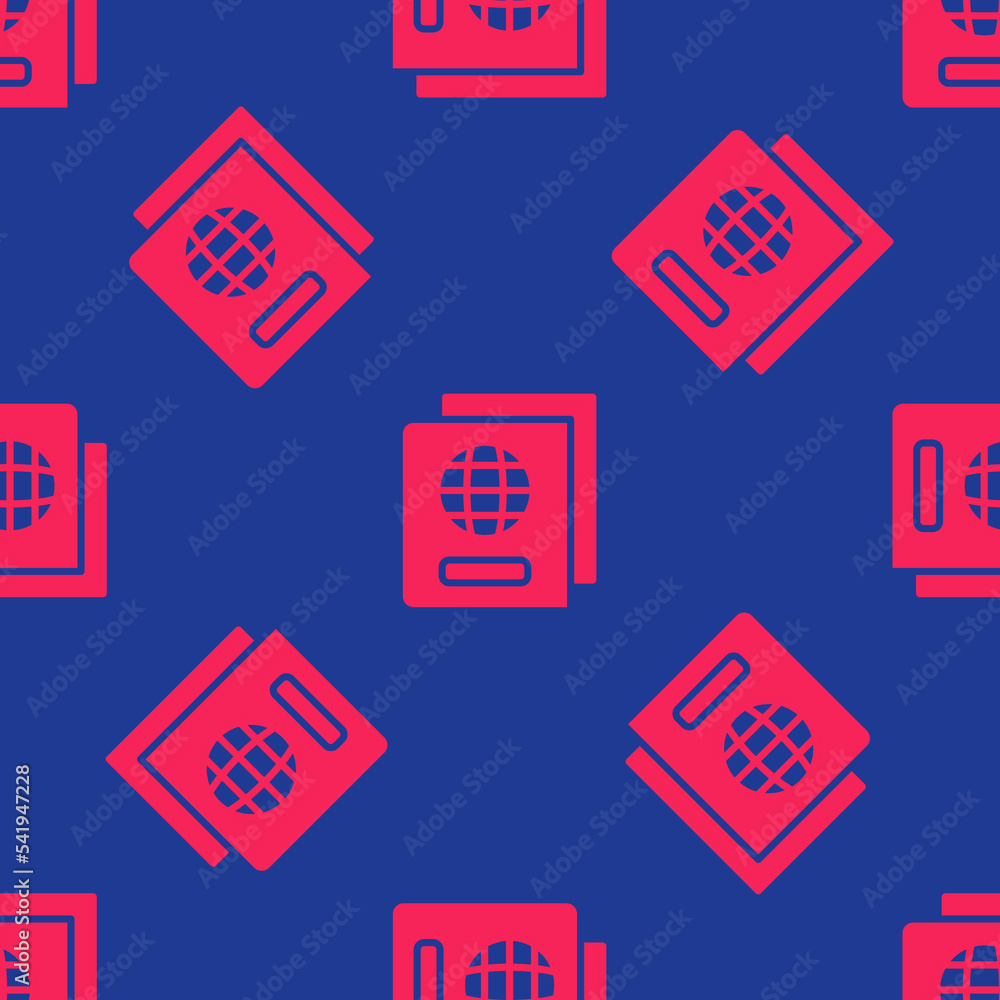 Poster red passport with biometric data icon isolated seamless pattern on blue background. identification d