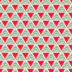 Seamless pattern of green and red triangles in lines. Christmas repeating decorative background. Watercolor hand drawn isolated elements on white background.