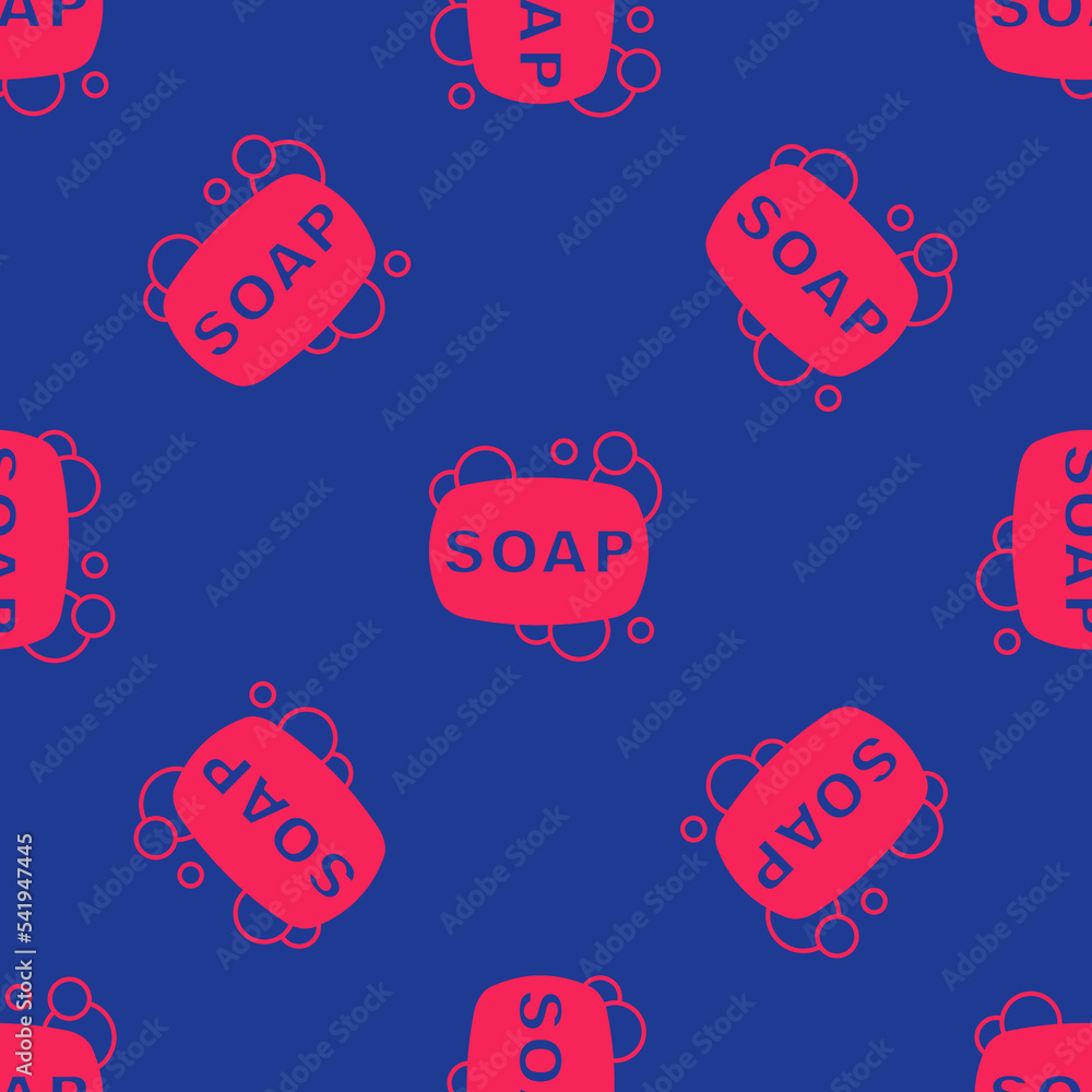 Poster red bar of soap icon isolated seamless pattern on blue background. soap bar with bubbles. vector