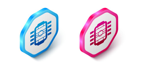 Isometric Table football game hobby or leisure icon isolated on white background. Sport team football players. Hexagon button. Vector