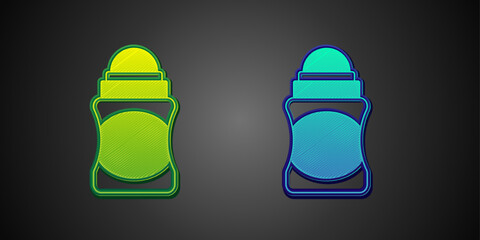 Green and blue Antiperspirant deodorant roll icon isolated on black background. Cosmetic for body hygiene. Vector