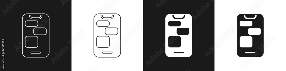 Poster set mobile 24 hours support icon isolated on black and white background. all-day customer support ca