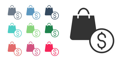 Black Shopping bag and dollar icon isolated on white background. Handbag sign. Woman bag icon. Female handbag sign. Set icons colorful. Vector