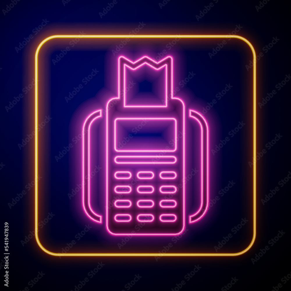 Poster Glowing neon POS terminal with inserted credit card and printed reciept icon isolated on black background. NFC payment concept. Vector