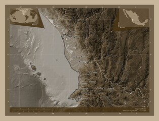 Nayarit, Mexico. Sepia. Labelled points of cities