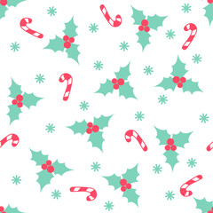 Seamless Christmas pattern in flat style with holly berry, candy cane and snowflakes isolated on white background.