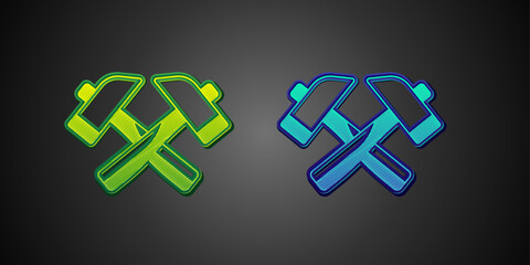Green and blue Crossed hammer icon isolated on black background. Tool for repair. Vector