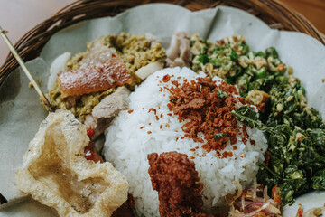 A detail shot of a crispy fried pork skin or Rambak in Indonesia with narrow depth-of-field