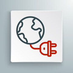 Line Global energy power planet with plug icon isolated on white background. Ecology concept and environmental. Colorful outline concept. Vector