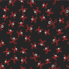 Line Ice hockey sticks and puck icon isolated seamless pattern on black background. Game start. Vector