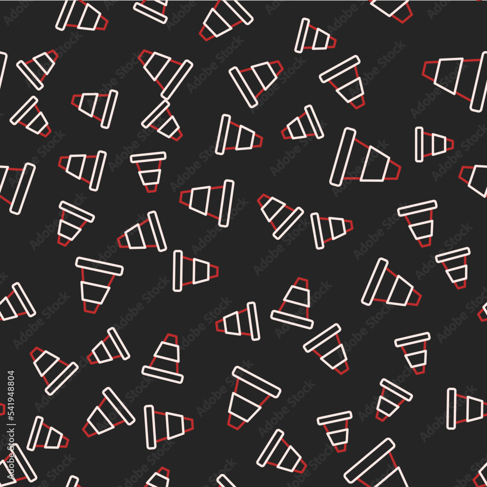 Poster line traffic cone icon isolated seamless pattern on black background. vector