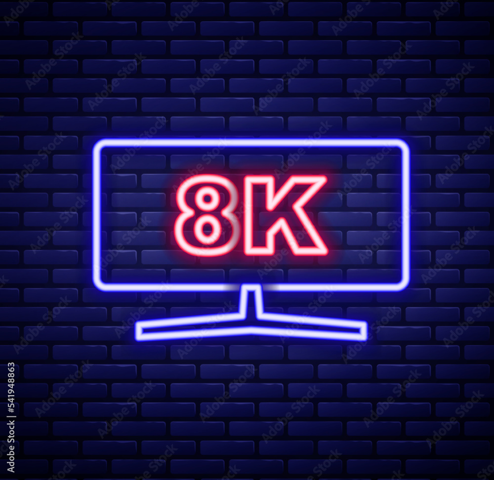 Poster glowing neon line computer monitor icon isolated on brick wall background. pc component sign. colorf