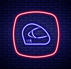 Glowing neon line Racing helmet icon isolated on brick wall background. Extreme sport. Sport equipment. Colorful outline concept. Vector