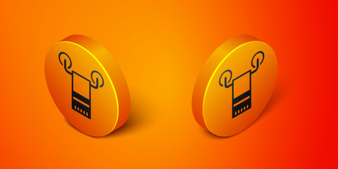 Isometric Towel on hanger icon isolated on orange background. Bathroom towel icon. Orange circle button. Vector