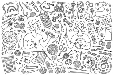 Women creating trendy needlework crafts, collection of needlework tools, icons of yarn, needles, sewing machine, handicraft accessories, large set of handmade doodle items, isolated outline clipart on