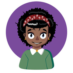 Vector illustration. Black girl with curly hair. Hairstyle. Girl avatar. Chat character.