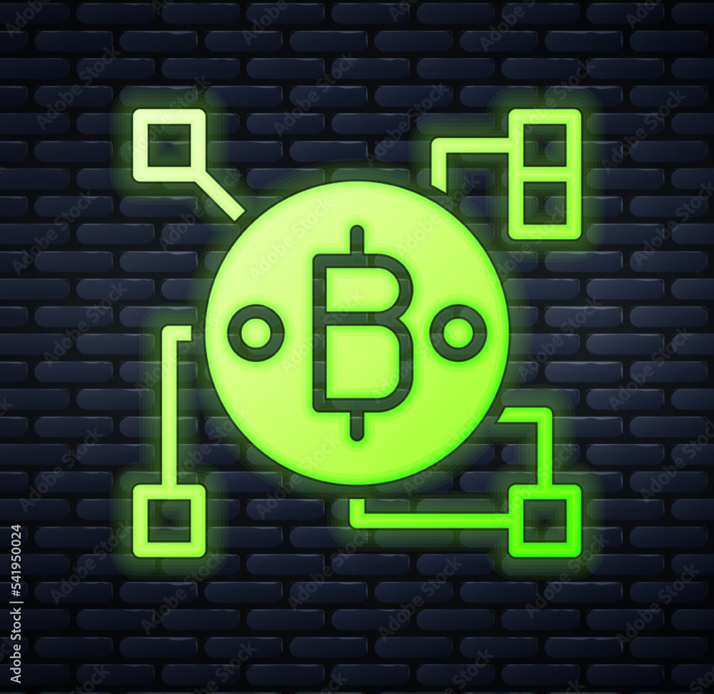 Poster glowing neon blockchain technology bitcoin icon isolated on brick wall background. abstract geometri