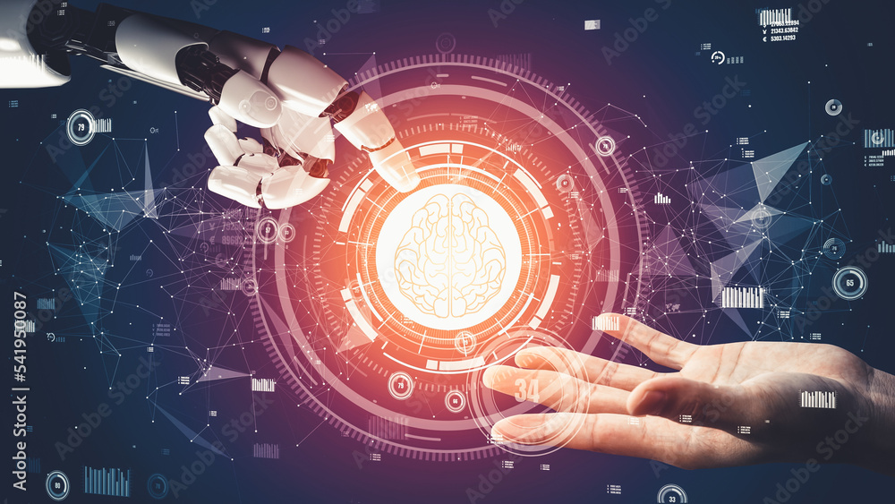 Poster futuristic robot artificial intelligence revolutionary ai technology development and machine learnin