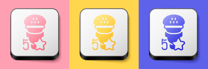 Isometric Taxi service rating icon isolated on pink, yellow and blue background. Square button. Vector