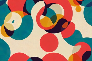 Modern abstract seamless geometric pattern with semicircles and circles in retro style. Pastel colored lines on white background. Minimalist illustration in Bauhaus style with simple shapes.