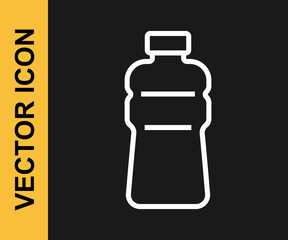 White line Bottle of water icon isolated on black background. Soda aqua drink sign. Vector