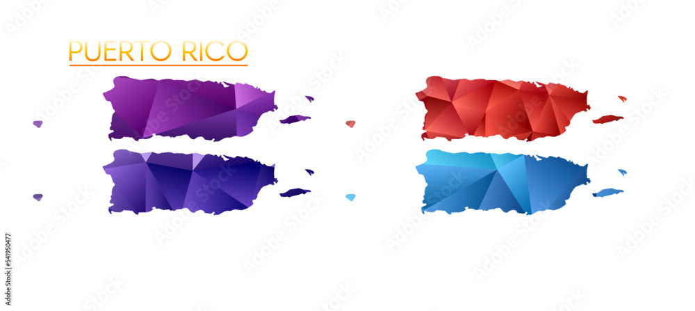 Poster set of vector polygonal maps of puerto rico. bright gradient map of country in low poly style. multi