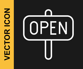 White line Hanging sign with text Open door icon isolated on black background. Vector